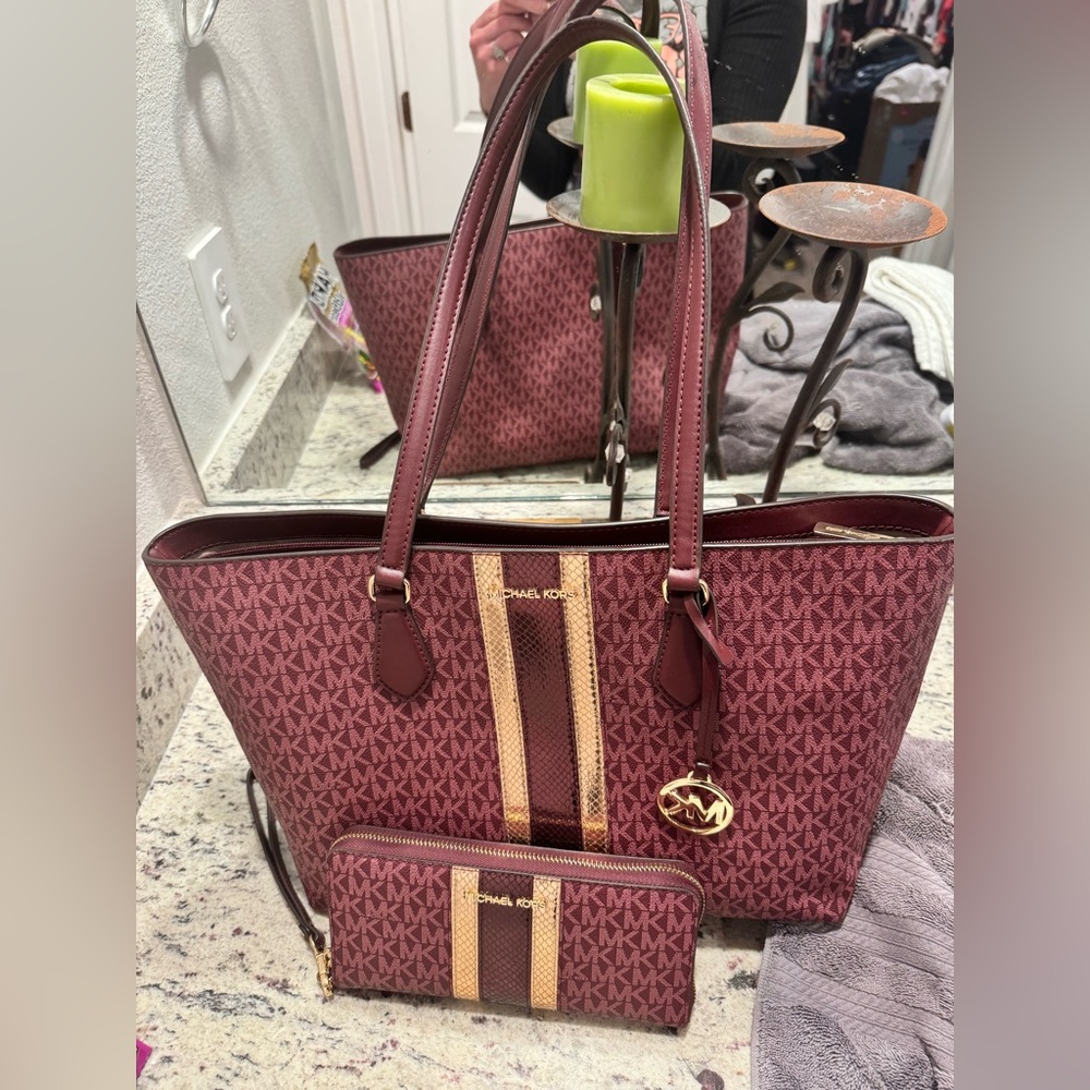 Michael Kors Maroon and Gold Tote with Wallet NWT